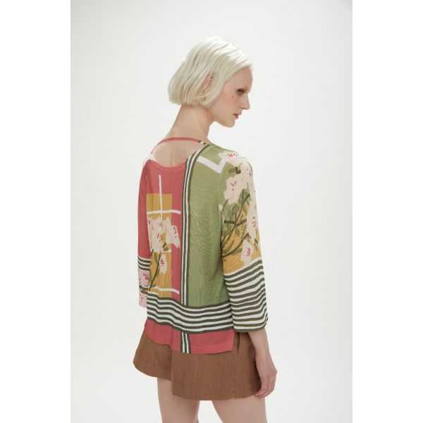 Boat neck oversized top with print double-use