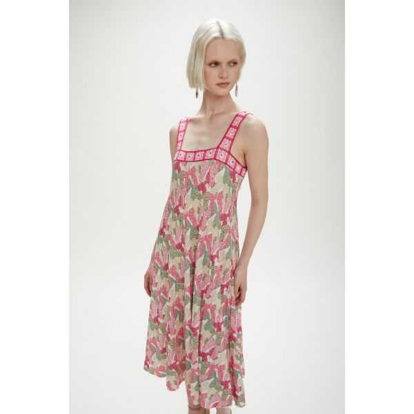 Abito Midi Plissè con bordi crochet e stampa Ribbon