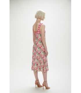 Abito Midi Plissè con bordi crochet e stampa Ribbon
