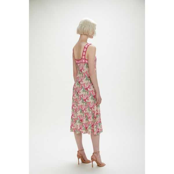Abito Midi Plissè con bordi crochet e stampa Ribbon