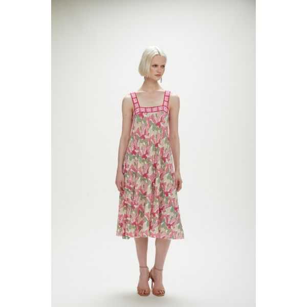 Abito Midi Plissè con bordi crochet e stampa Ribbon