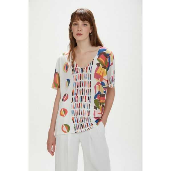 Oversized short-sleeve V top with Pop print double use