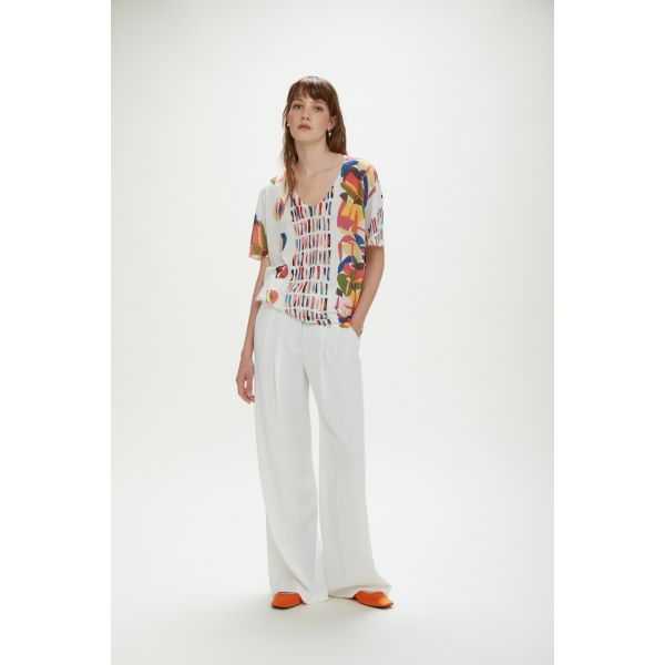 Oversized short-sleeve V top with Pop print double use