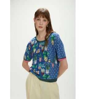 Cropped short-sleeve crew neck top with flowers print double use