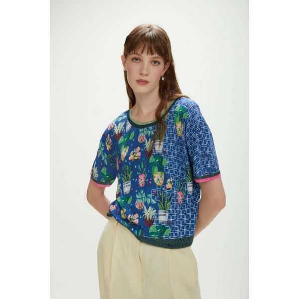 Cropped short-sleeve crew neck top with flowers print double use