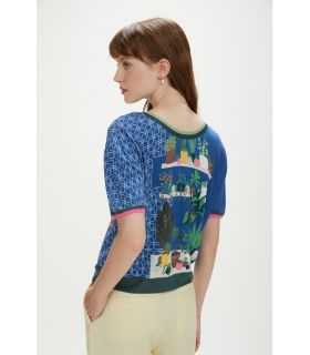 Cropped short-sleeve crew neck top with flowers print double use