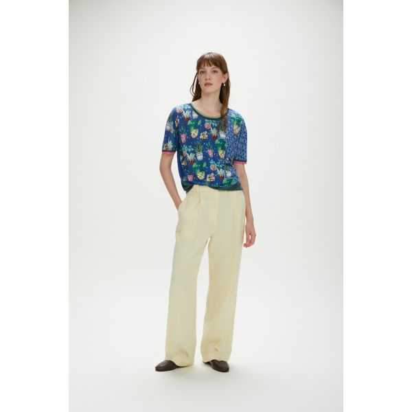 Cropped short-sleeve crew neck top with flowers print double use