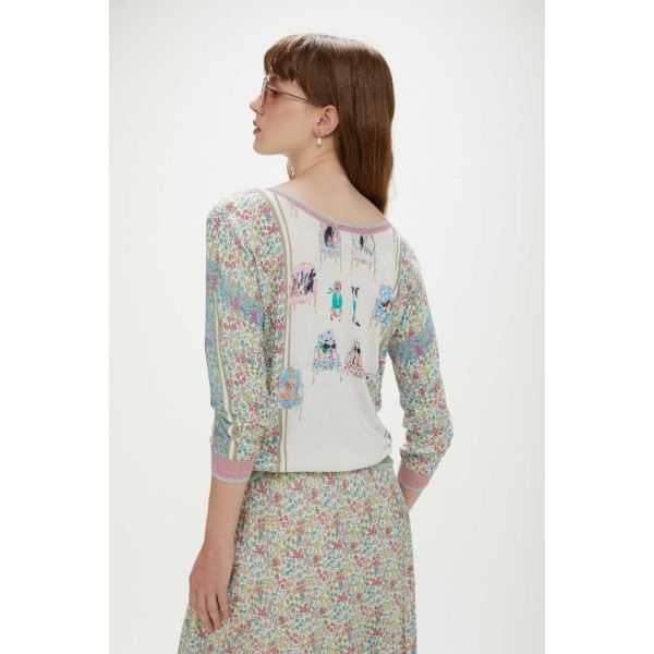 Fine-knit pullover with dogs and flowers print