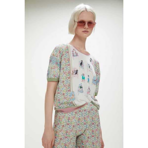 Knitwear t-shirt with dogs & flowers print