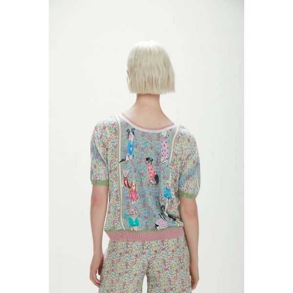 Knitwear t-shirt with dogs & flowers print