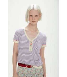 Cotton striped short sleeve top with small buttons