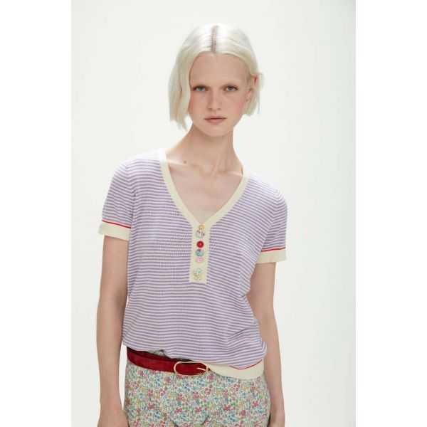 Cotton striped short sleeve top with small buttons