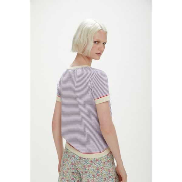 Cotton striped short sleeve top with small buttons