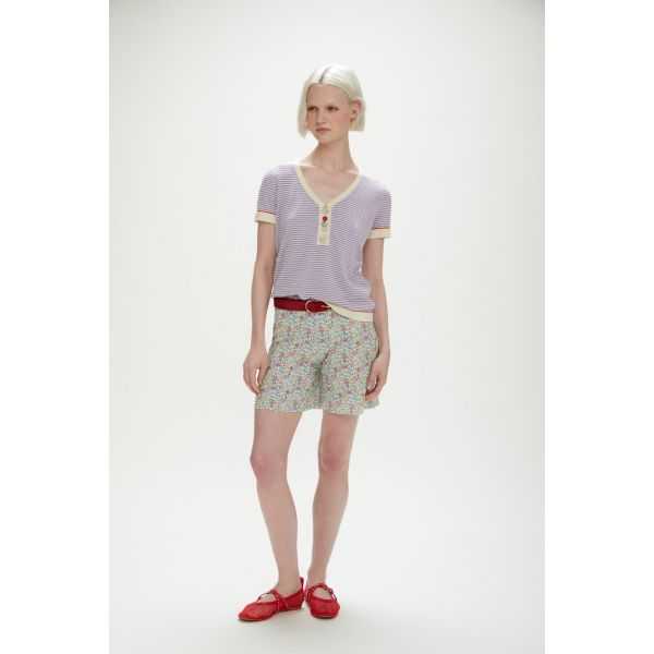 Cotton striped short sleeve top with small buttons