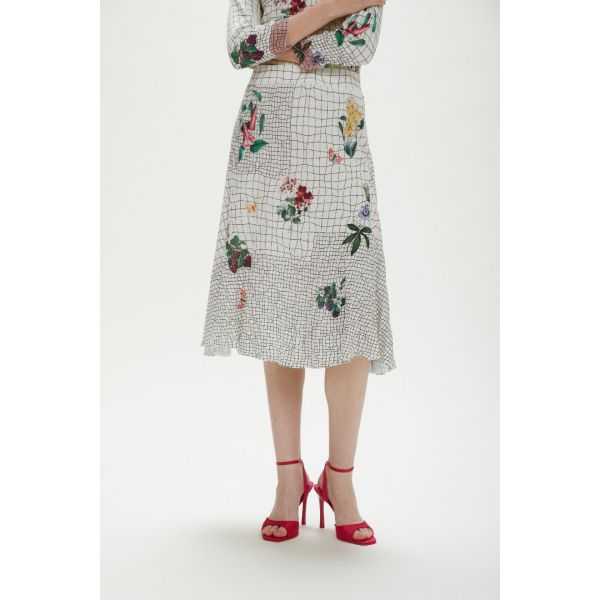 Gonna midi plissettata, con stampa Primavera