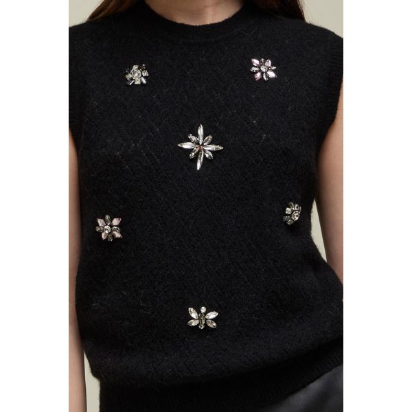 Gilet Girocollo Traforato con applicazioni di strass