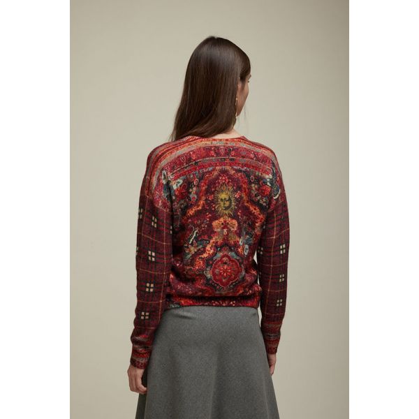 V neck oversized sweater with Carpet pattern