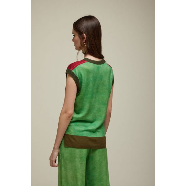 Oversized V neck Vest with Bicolor fake Solid print