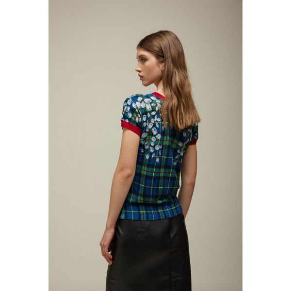 Short sleeved sweater with Tartan print double use