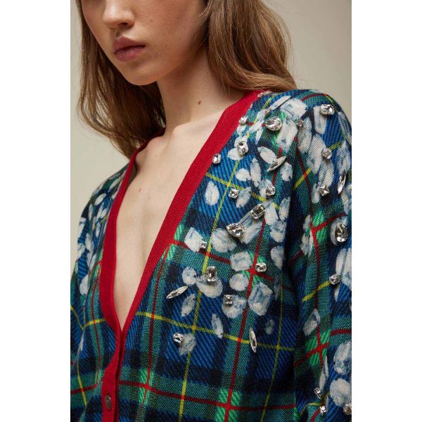 Cardigan with Tartan pattern and rhinestones applications