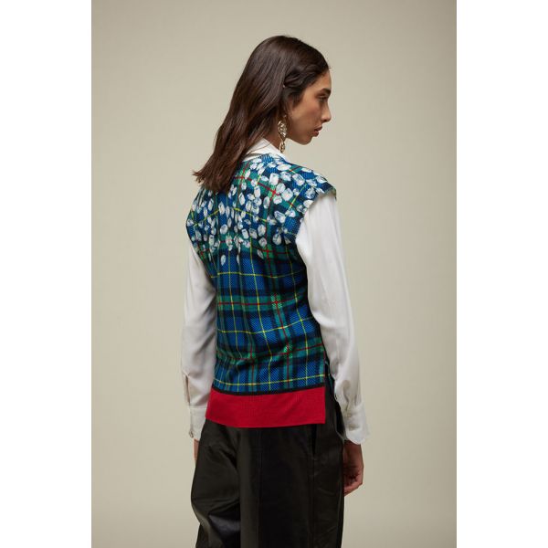 Oversized V-neck vest with Tartan print