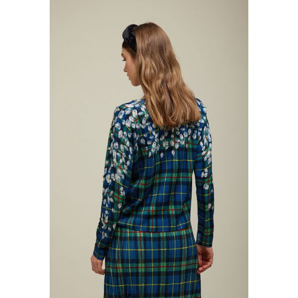 Pull Scollo a V pattern Tartan con applicazioni di strass