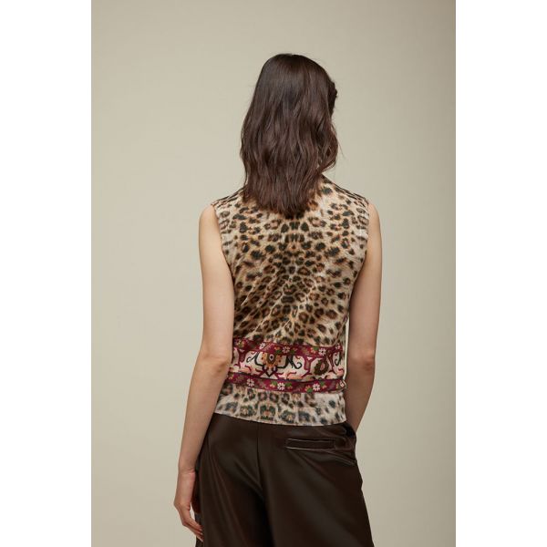 High-neck knit sweater with Animalier print double use