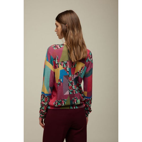 Printed knit sweater with Patch and Flower print