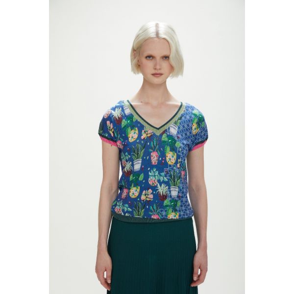 V-neck short-sleeve top with flowers print double use