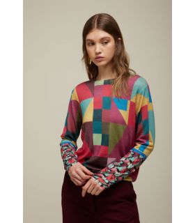 Printed knit sweater with Patch and Flower print