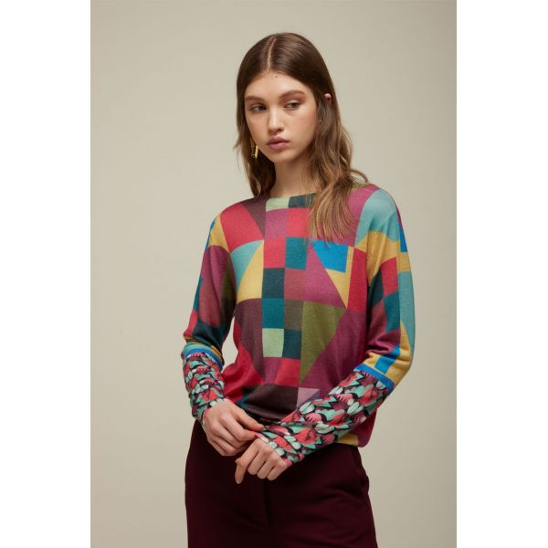 Printed knit sweater with Patch and Flower print