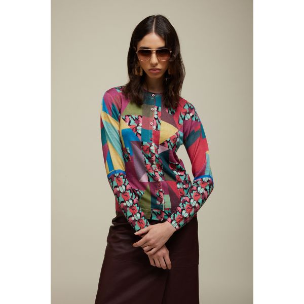 Cardigan with Patch and Flower motifs