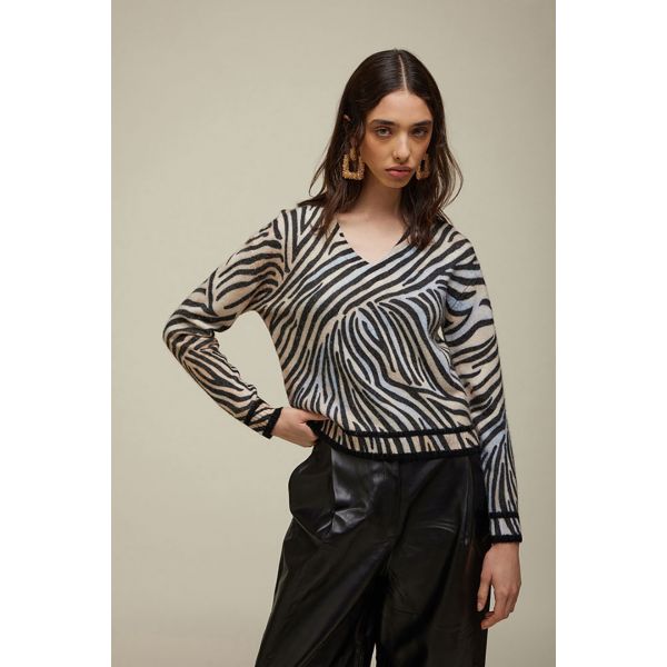 Sweater V-neck Oversized short Zebra Print