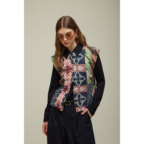 Tricot vest with Houndstooth Print Double Use