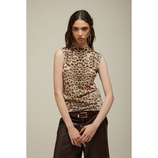 High-neck knit sweater with Animalier print double use