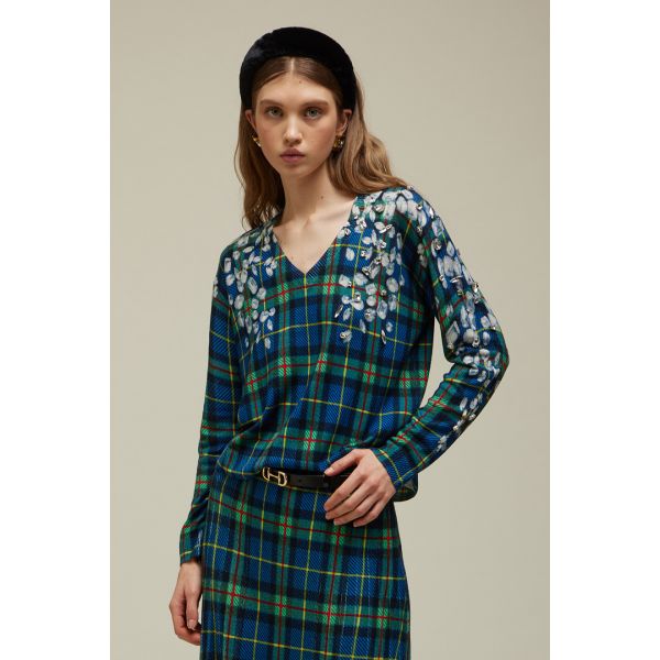 V-neck Sweater Tartan pattern with rhinestones applications