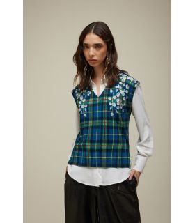 Oversized V-neck vest with Tartan print