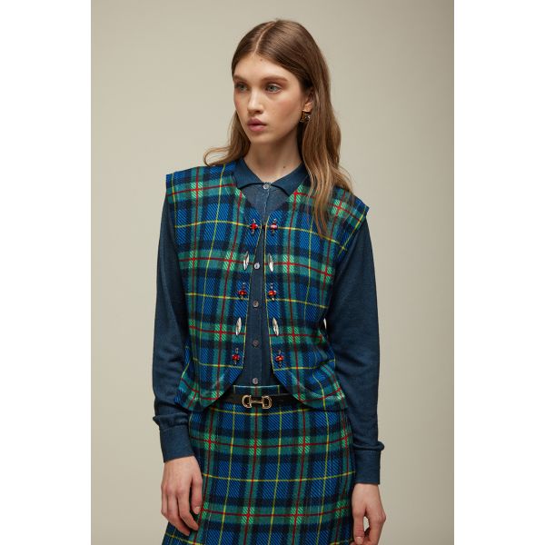 Vest with Tartan print amd Rhinestones applications
