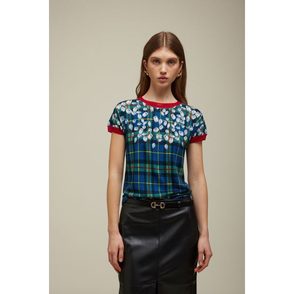 Short sleeved sweater with Tartan print double use