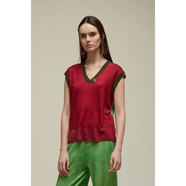 Oversized V neck Vest with Bicolor fake Solid print