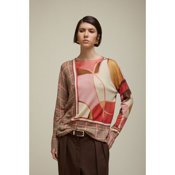 Oversized Crewneck sweater with Glen check print double use