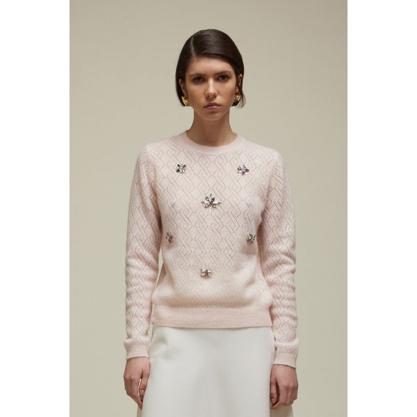 Crewneck Openwork pull with rhinestones applications