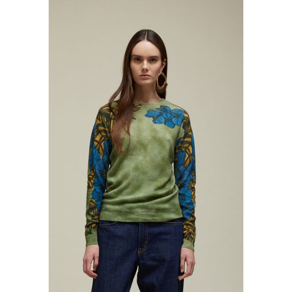 Crewneck knit sweater with Blue flowers pattern
