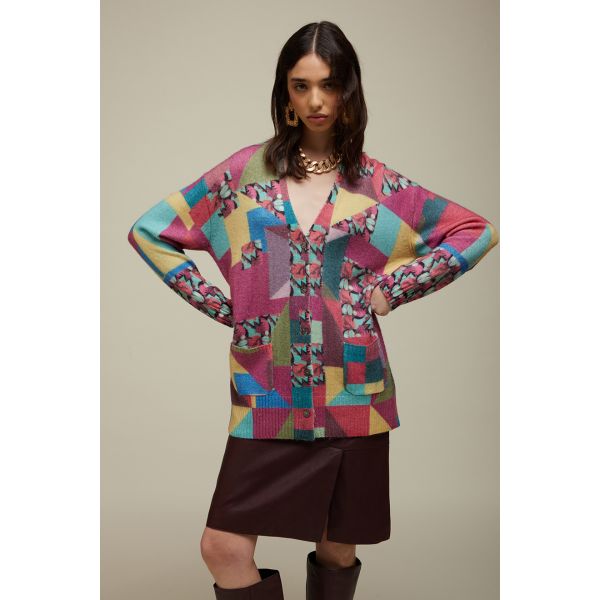 Oversize Cardigan with Patch and Flower design