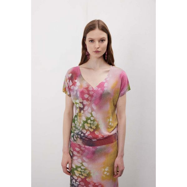 Maglia scollo cuore manica corta con stampa Shaded