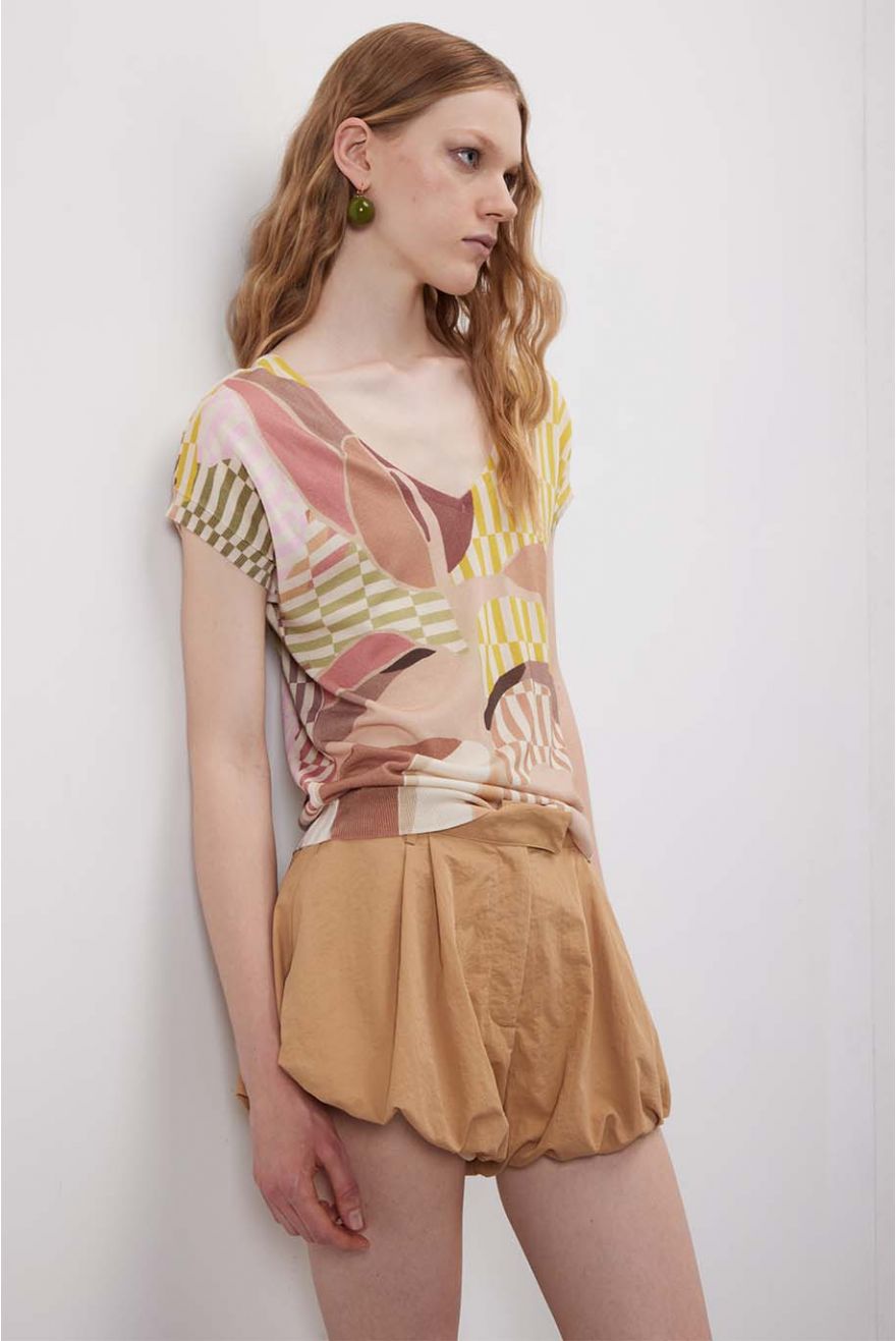 Maglia scollo a V manica corta Color Block