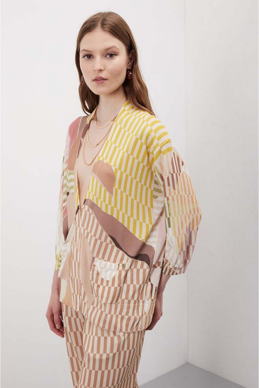 Maglia scollo a V manica corta Color Block