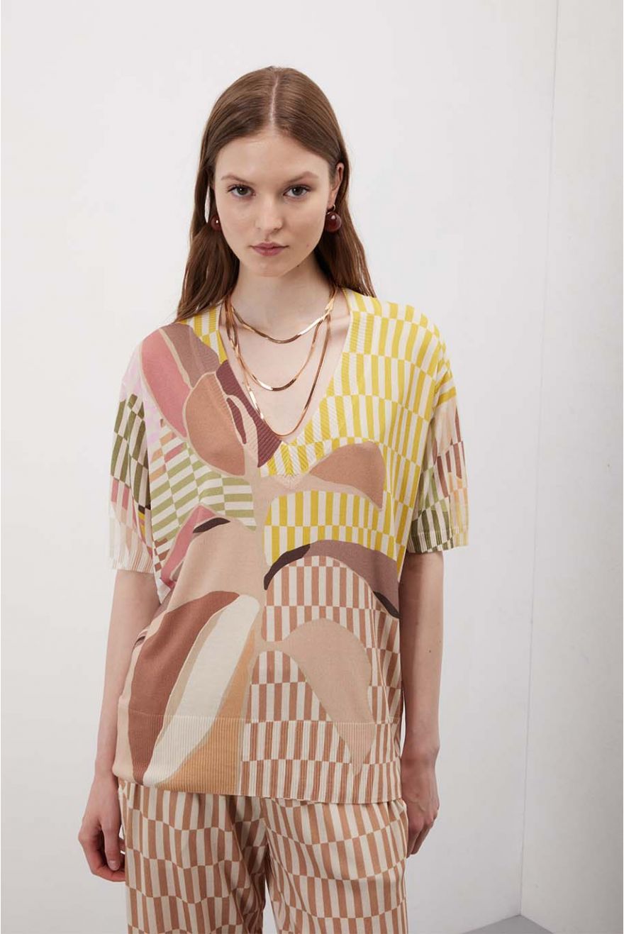 Maglia scollo a V manica corta Color Block