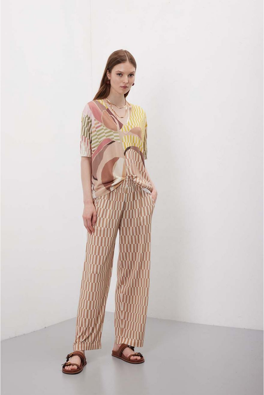 Maglia scollo a V manica corta Color Block