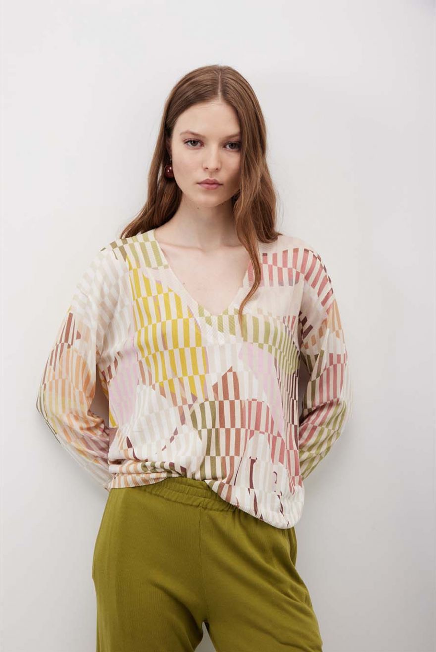 Maglia scollo a V manica 3/4 Color Block